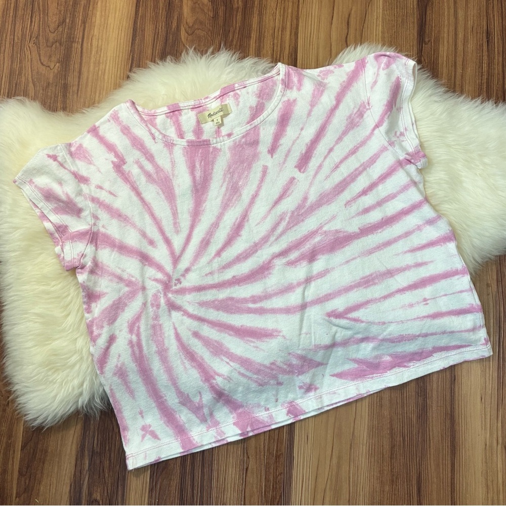 Madewell Pink White Tie Dye Boxy Cap Sleeve Shirt • Size S